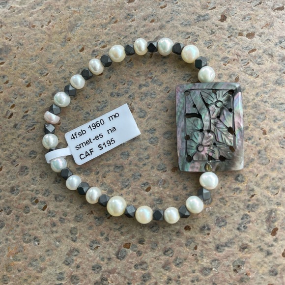 Elegant Freshwater Pearl Pyrite and Mother of Pearl Abalone Bracelet 6”